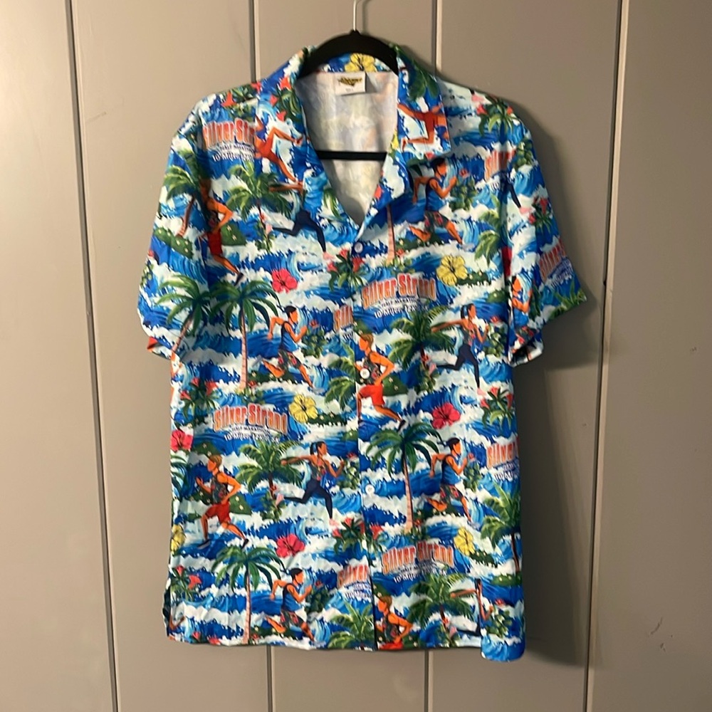 Men's Hawaiian Shirt Palm Tree Tropical Silver Strand Koz size Large Colorful